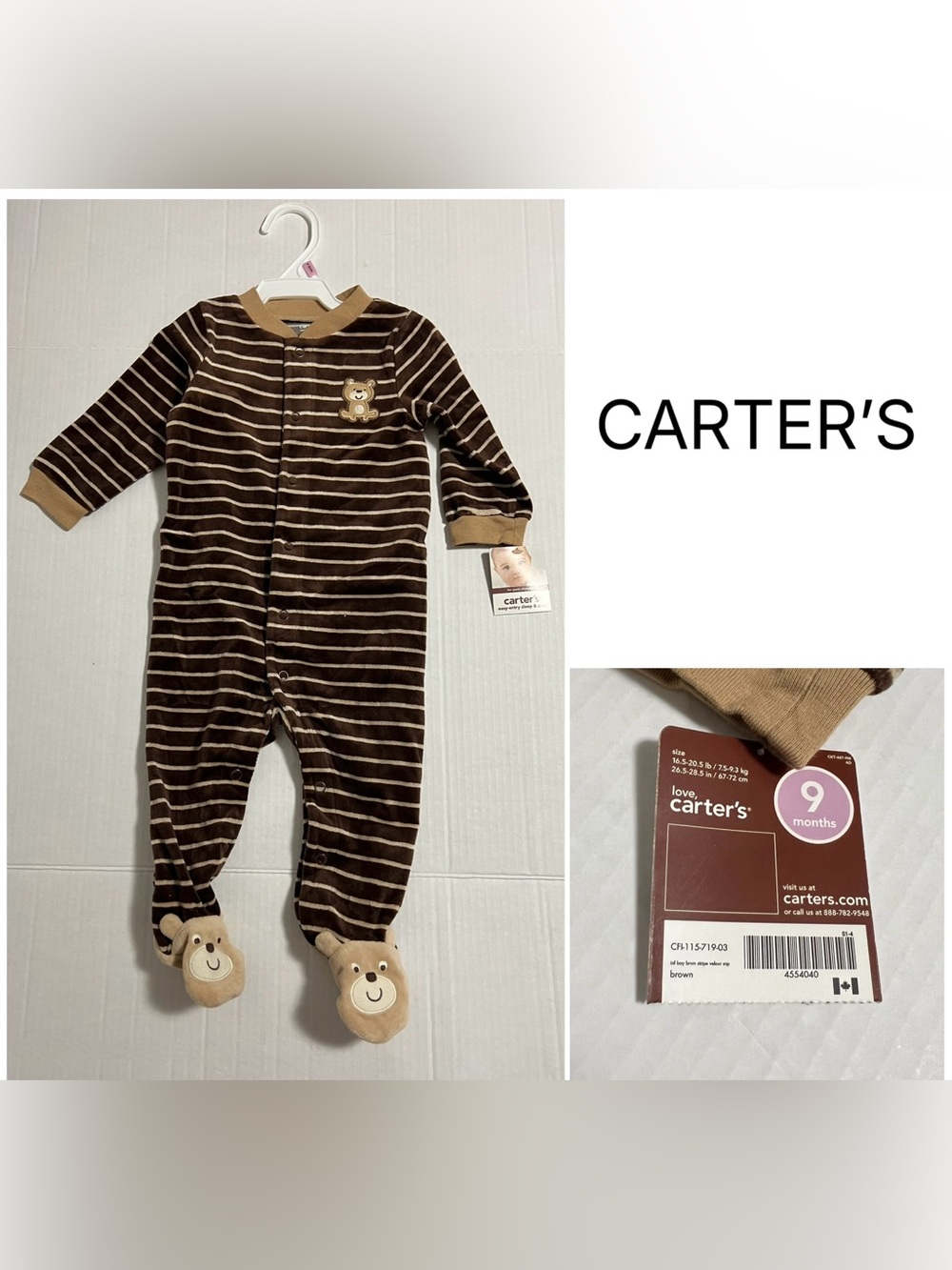 CARTER’S - 9M - NWT - INFANT BOYS BROWN BEAR VELOUR SLEEPER